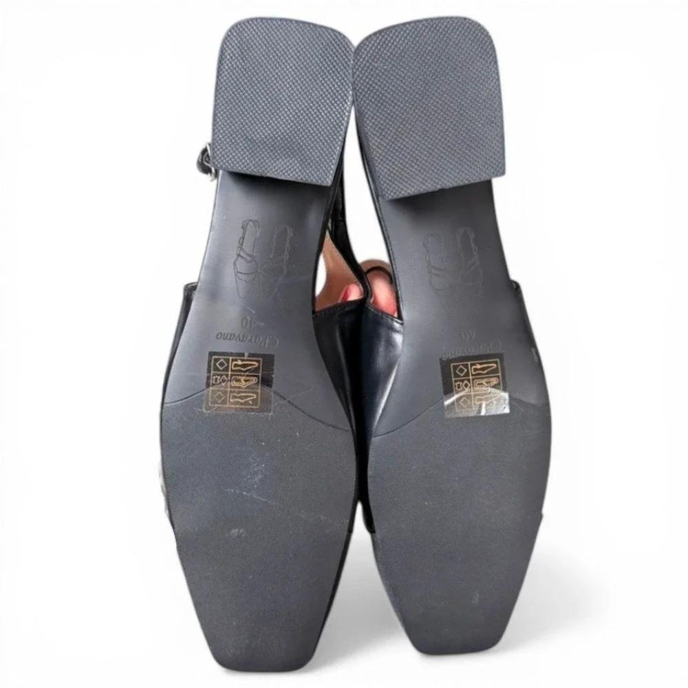 C.Paravano Slingback Flats Womens 40 Black Cap Toe Leather Square Toe Block Heel - Picture 7 of 8